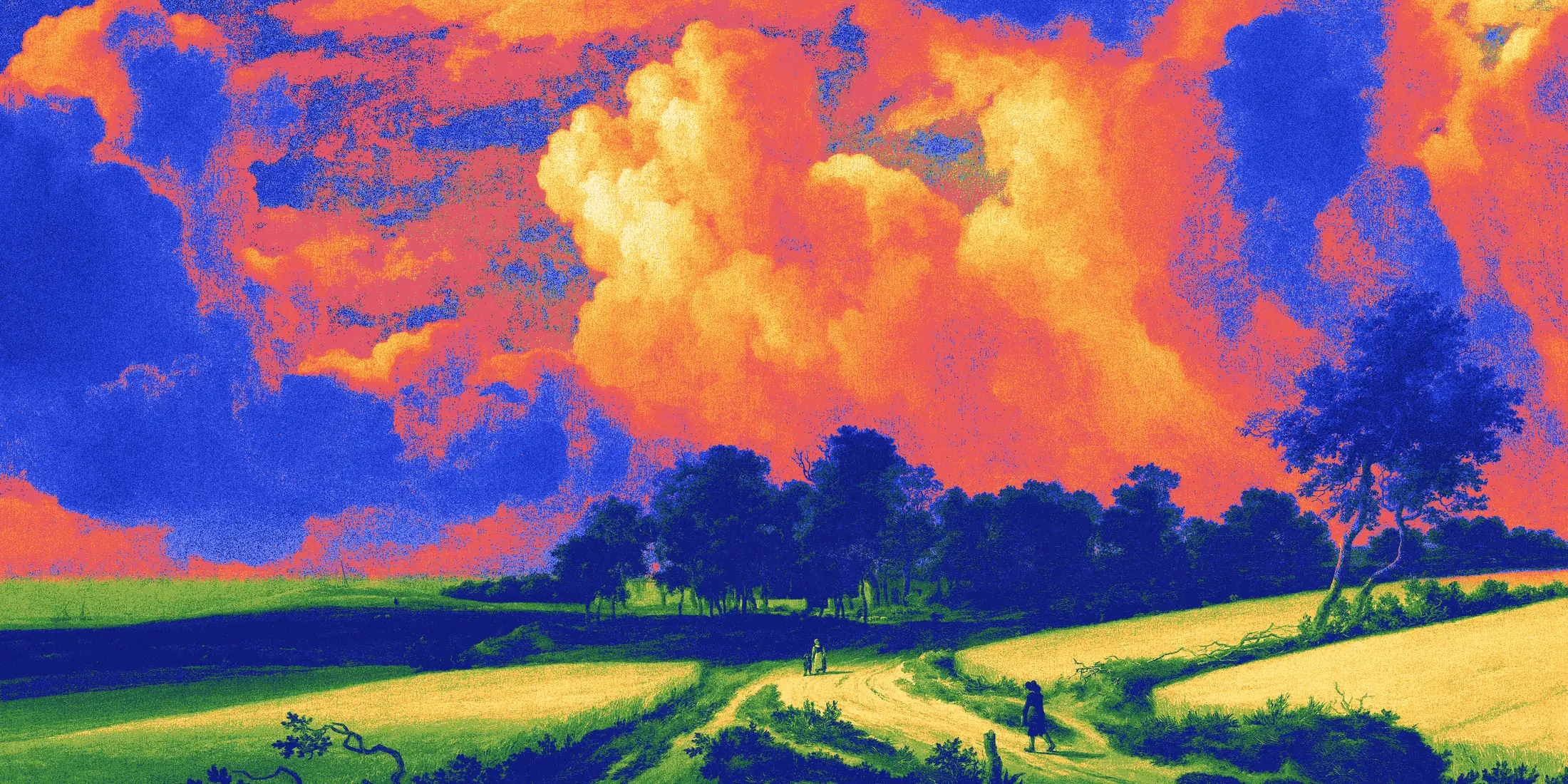 A wheat field under towering clouds, printed in ultramarine, coral and yellow